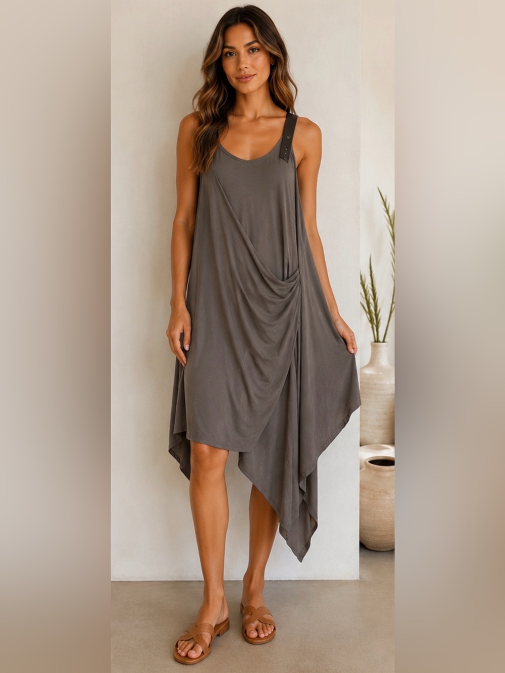 MEDI Brown Asymmetrical Women’s Dress Faux Leather Shoulder Straps Size 2 EUC - Picture 9 of 10